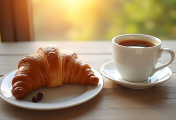 Morning Indulgence: Fresh Croissant and Coffee in Sunlight