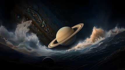 A dramatic, dark science fiction scene showing Saturn floating above a tumultuous, wave-like landscape, with a swirling Jupiter-like gas giant looming in the stormy background.