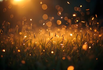 Golden hour light sparkles through dewy grass at sunset.
