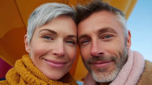 Close-up portrait of a middle-aged couple. the woman has short grey hair and is wearing a yellow scarf around her neck. she is smiling and looking directly at the camera. - Powered by Adobe