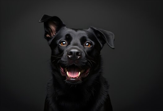 Adorable happy black dog portrait with one ear up.