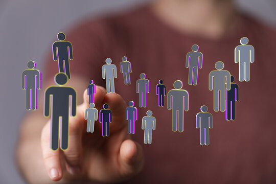 Digitally rendered individuals representing social connections and a diverse community in an online network or business structure.