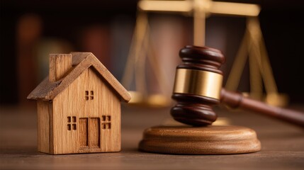 Detailed view of a wooden toy house and judge s gavel on a table with justice scales in a courtroom or legal office Concept of legal services real estate and property law