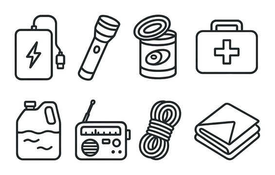 Emergency preparedness icons with flashlight, radio, first aid kit, and supplies