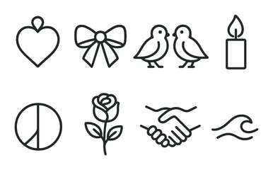 Obraz premium Minimalist symbols: heart, bow, doves, candle, peace, rose, handshake, wave
