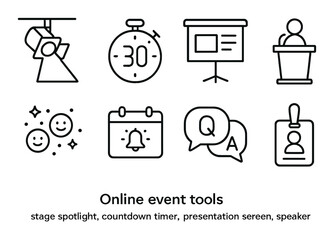 Online event tools: spotlight, countdown timer, presentation screen, speaker icon