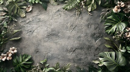 A top-down view of a dark, rough, textured stone surface bordered by a lush arrangement of tropical green leaves (Monstera, ferns) and pale flowers, creating a natural background.