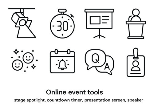 Online event tools: spotlight, countdown timer, presentation screen, speaker icon