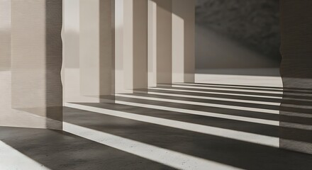 Obraz premium 静かに並ぶ柱の影が伸びる空間、穏やかな光が優しく包む抽象的な光景
