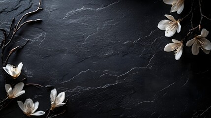 An elegant, dark, textured slate or black stone background framed by delicate white flowers on dark, winding branches, creating a sophisticated and minimalist border.