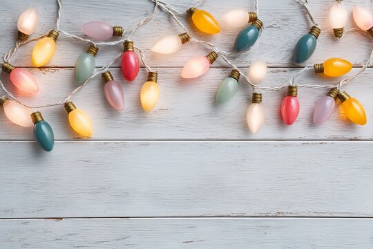 Christmas lights on a white wooden background with copy space for text, top view. christmas frame of colorful, glowing light bulbs.