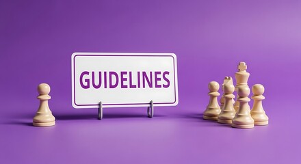 Chess pawns and king gathered around a sign that says guidelines on a purple background