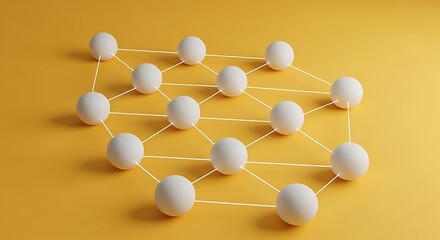 Abstract network of interconnected white spheres on a vibrant yellow background, symbolizing connection