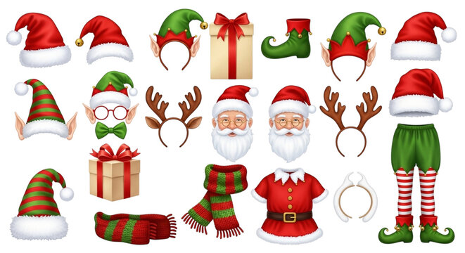 A collection of christmas costume elements including santa hats, elf hats, reindeer antlers, scarves, and elf shoes