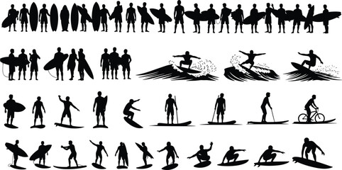 Black surfing and stand-up paddleboarding silhouettes, surfer, paddleboarder, waves, bicycle, summer, watersport, lifestyle, ocean beach activity, isolated white background vector illustration.
