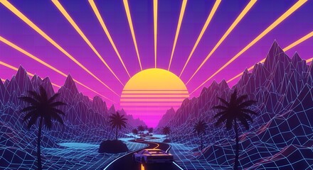 Retro futuristic sunset with palm trees and mountains