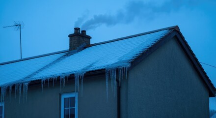 House chimney smoke and icicles on snowy roof with antenna