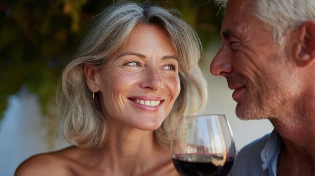 Middle-aged couple sitting at a table with a glass of red wine in front of them. the woman is on the left side of the image, with blonde hair and is smiling at the camera. - Powered by Adobe
