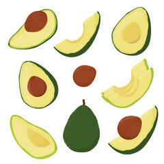 Avocado set: Whole fruit, half with seed and slices isolated on white background. Healthy diet
