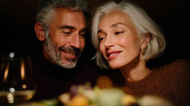 Middle-aged couple sitting at a table with a glass of wine in front of them. the man has grey hair and a beard, and the woman has short white hair.
