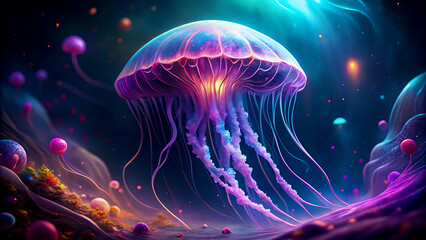 Glowing jellyfish in a vibrant colorful underwater scene bioluminescent marine life in a fantasy ocean environment