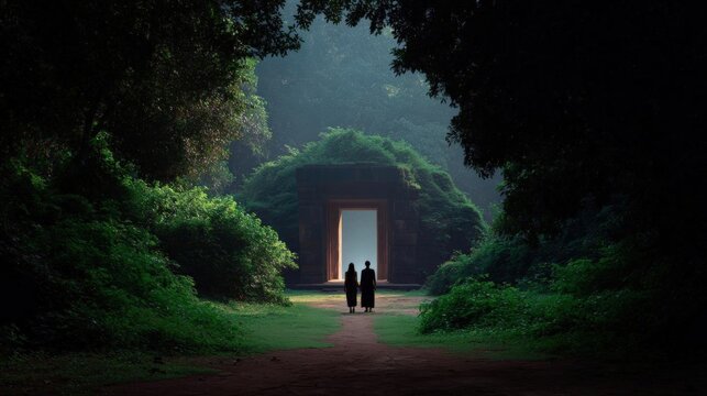 Pathway leading to a large archway in the middle of a lush green forest. the archway is made of stone and is surrounded by tall trees and bushes on both sides.