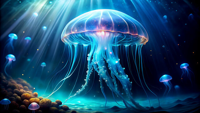 Glowing jellyfish in deep blue ocean ethereal underwater scene with light rays fantasy illustration