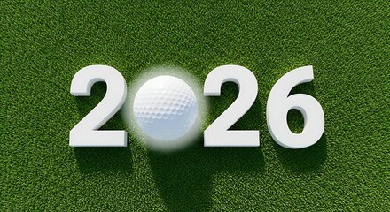 The year 2026 represented by large white numbers with a golf ball in place of the zero on a green grass background
