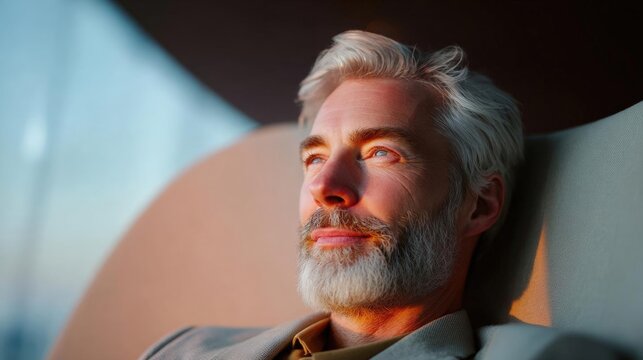 Close-up portrait of a middle-aged man with a white beard and mustache. he is sitting in a chair with his head resting on the armrests of the chair.