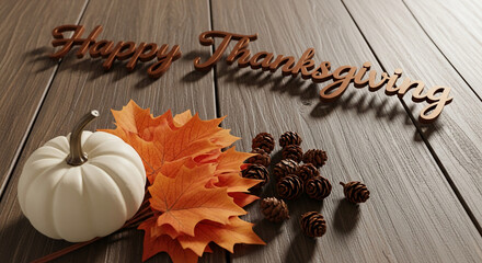 Still life featuring a white pumpkin, orange leaves, pine cone and brown script on wooden surface, symbolizing harvest, autumn, Thanksgiving holiday