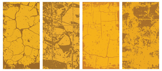 Collection of four yellow grunge textures with cracks, abstract backgrounds, vintage vector illustration