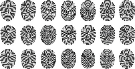 prin collection, biometric security identity, vector illustration set, unique thumbprint patterns, criminal investigation, black silhouette, digital verification access system