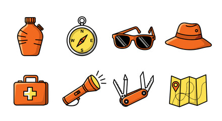 Outdoor adventure essentials, exploring nature with compass, map, and first aid kit