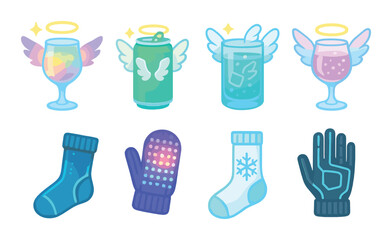 Glowing angelic drinks and winter accessories illustration with neon effect