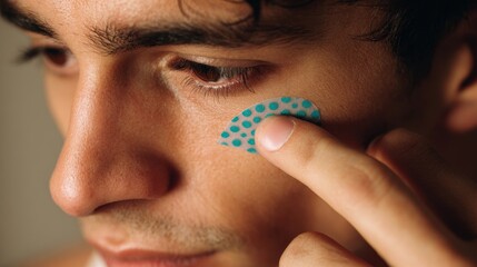 Acne patches to soak up fluid from blemishes Fast pimple treatment without popping A man applies a patch to his face to treat his acne