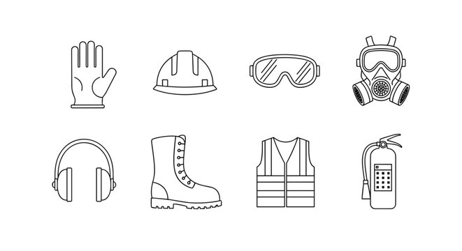 Essential safety equipment icons represent workplace protection and hazard prevention gear