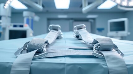 Patient safety straps on the operating table, detail shot, in a surgical room, using symmetry, with neutral lighting tones