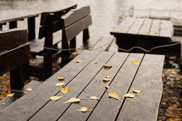 Wooden tables and benches by the vltava river, covered with fallen yellow leaves and raindrops, evoking an autumnal mood