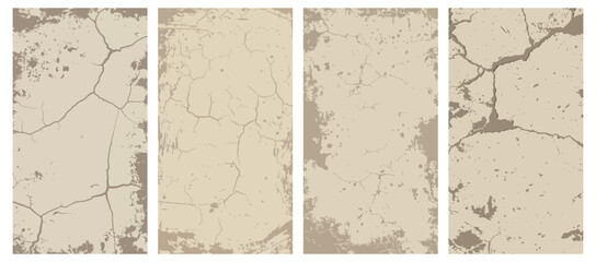 Collection of four beige grunge textures with cracks, stains, and imperfections vector illustration