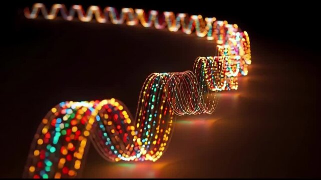 A glowing, colorful, spiraling string of lights against a dark background.