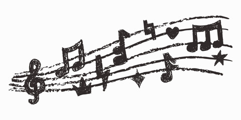Crayon doodle hand drawn music elements. Chalk music  symbols with crayon pencil texture. Doodle music note wave