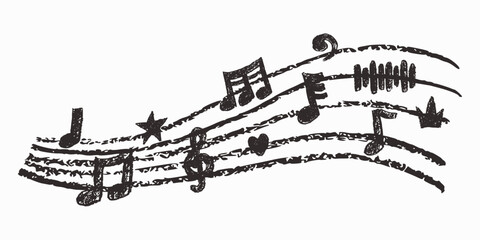 Crayon doodle hand drawn music elements. Chalk music  symbols with crayon pencil texture. Doodle music note wave