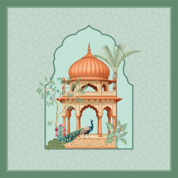 Traditional Mughal architecture frame for luxury wedding invitation design. Exotic Indian Mughal themed wedding invitation with palace dome and foliage.