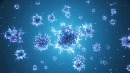 Microscopic view of glowing viral cells spreading in a fluid medium 3d - Powered by Adobe