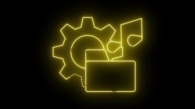 Glowing yellow line art of a gear folder rectangle and musical notes on a black background