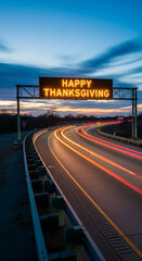 Image of a highway with light streaks from cars at dusk. The sign reads 