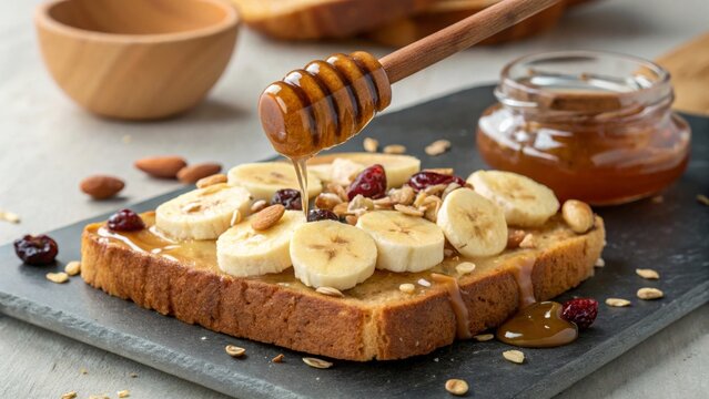 Deliciously healthy breakfast toast with peanut butter and banana slices drizzled with honey perfect start to your day
