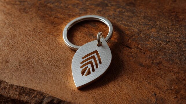 Close-up of a keychain on a wooden surface. the keychain is made of metal and has a triangular shape with a small loop at the top for attaching it to a keyring.