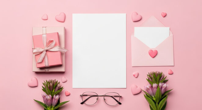 Romantic flat lay composition with blank greeting card, gift boxes, envelope and pink flowers on pastel background for love celebration - Powered by Adobe