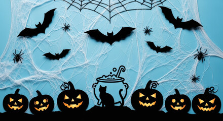 Spooky halloween background with glowing jack o lanterns bats spiders cobwebs and a witch cauldron on blue backdrop